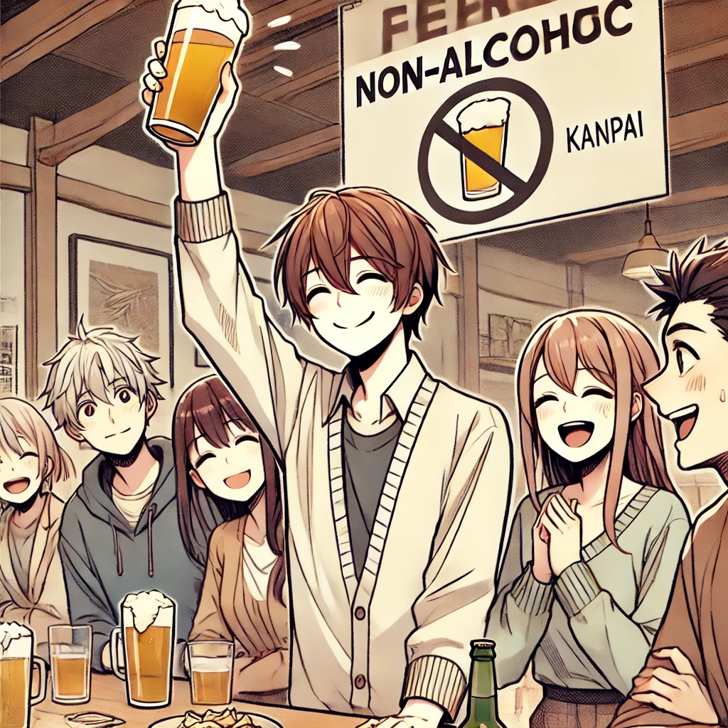 ノンアルコールビールで楽しそうに乾杯している人たちのイラスト