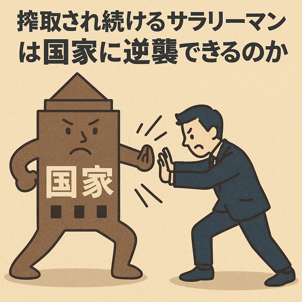 「搾取され続けるサラリーマンは国家に逆襲できるのか」という日本語テキストと、巨大な「国家」のキャラクターに立ち向かうスーツ姿のサラリーマンのイラスト。社会保障や税負担に対する問題提起を表現。