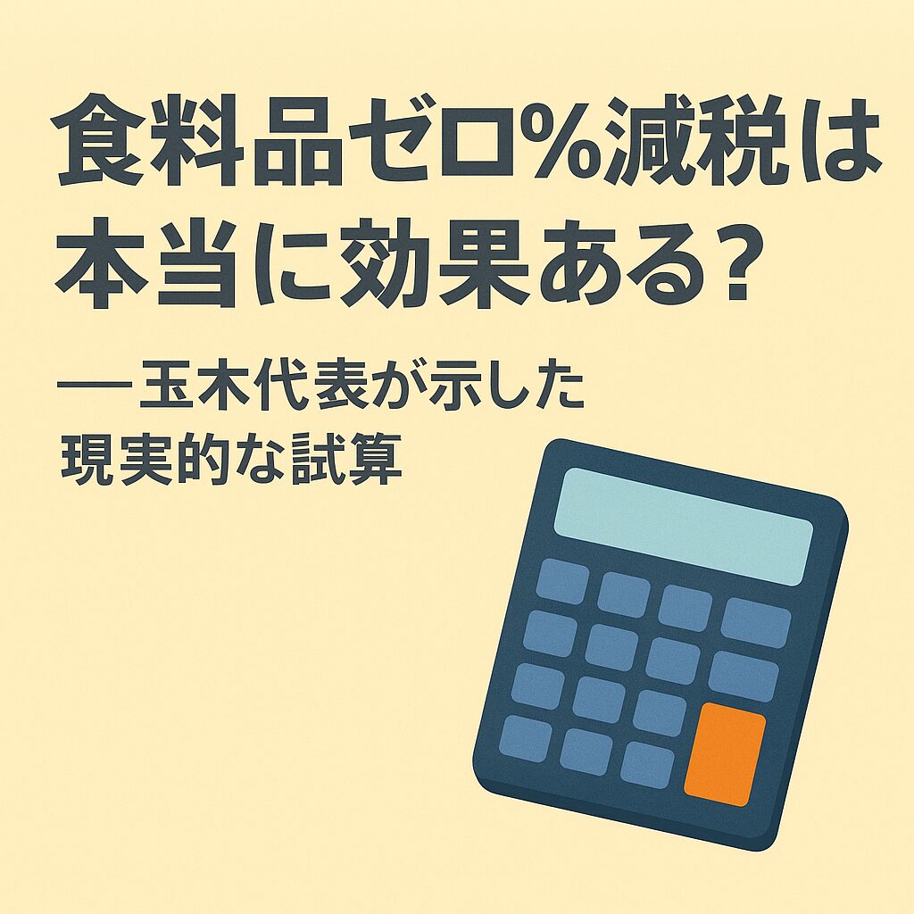 消費税減税の効果を疑問視するテーマを表現した日本語デザイン。背景に計算機とレシートのイラスト、「効果、ほんとにある?」というメッセージが描かれている。