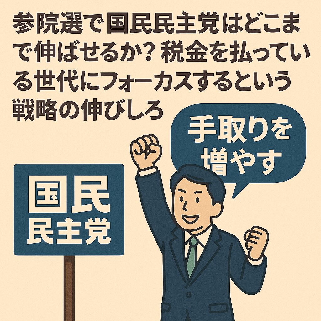 「手取りを増やす」を掲げて参院選に挑む国民民主党のイメージ。演説する玉木雄一郎代表と、それを応援する若者たちのイラスト。