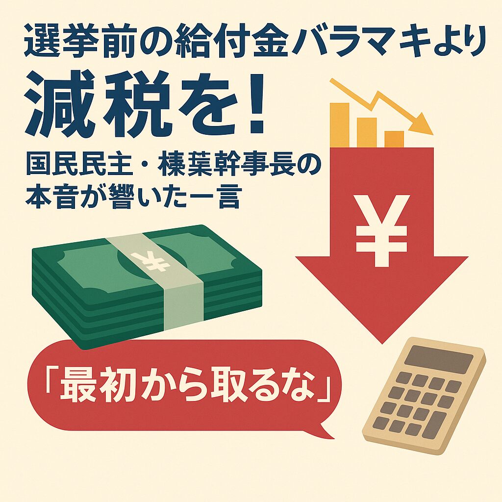 「選挙前の給付金バラマキより減税を!」というメッセージとともに、円マークが描かれた赤い下向き矢印、紙幣の束、電卓のイラストが配置され、「最初から取るな」という吹き出しが強調された政治的主張を表現する画像。国民民主党・榛葉幹事長の発言を象徴している。